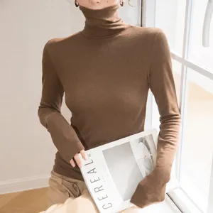 Women fall winter brown turtleneck thermal top long sleeve slim fit base layer shirt
