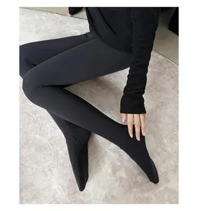 Fleece lined warm tights for women, opaque black footed leggings, soft stretchy base pants.