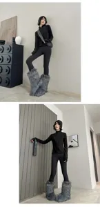 Women winter fleece lined leggings thermal tight pants with fluffy faux fur boot covers comfy
