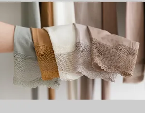 Thermal underwear fabric detail displaying delicate lace trim in various colors for winter.