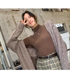 Women turtleneck thermal base layer matching knit cardigan and plaid skirt for autumn winter.