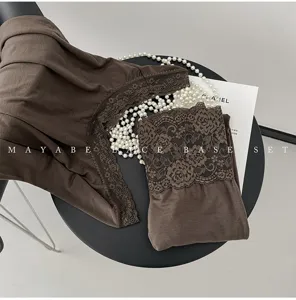Brown lace thermal underwear set, slim fit long sleeve base layer for women winter.