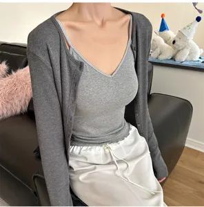 Women's gray ribbed V-neck camisole and cardigan set casual daily wear comfortable top