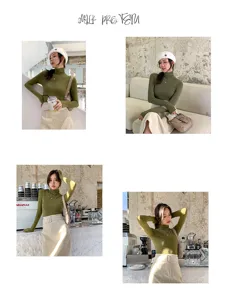 Detailed view of women slim fit long sleeve turtleneck top, elegant solid color knitwear.