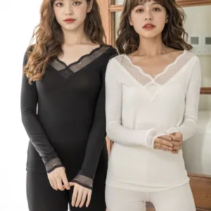 Thermal underwear set for women with deep V-neck and delicate lace long sleeves base layer.