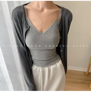 Stylish Women V-Neck Ribbed Camisole Cardigan Set Casual Sleeveless Knit Tank Top New