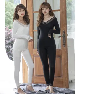 Women thermal underwear set long sleeve deep v neck lace winter warm base layer thermal suit