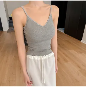 Women grey ribbed V-neck camisole basic summer tank top lettuce edge sleeveless clothing