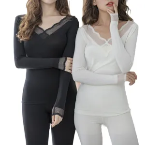 Women thermal underwear set long sleeve V-neck lace trim base layer autumn winter black white