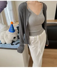 Women ribbed knit cardigan and V-neck camisole set with casual pants for daily wear spring