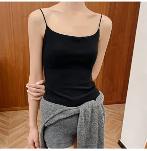 Women black ribbed camisole basic tank top with chest pads soft stretch underwear top