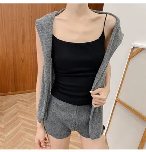 Women ribbed camisole top matching knit cardigan and shorts cozy casual autumn outfit