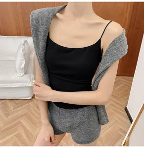 Women knit camisole tank top set with chest pads and grey shorts for autumn winter.