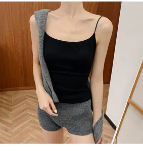 Women thermal camisole and ribbed knit shorts set with built in chest pad basic wear
