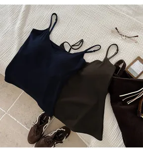 Detail view of a stylish autumn winter ribbed v-neck camisole with built-in chest pad.