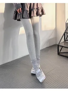 Women grey ribbed fleece lined tights winter thermal leggings comfortable stretch hosiery.