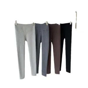 Thermal fleece-lined ribbed yoga leggings for women, high waist thick warm pants.
