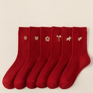 Red cotton socks festive Chinese style zodiac horse embroidered mid tube warm hosiery