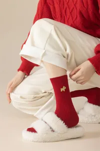 Red cotton zodiac horse embroidered women socks winter thick cute festive mid tube socks