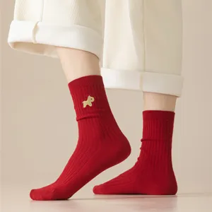 Women red cotton mid-tube socks autumn winter ribbed design cute golden animal embroidery 1pc