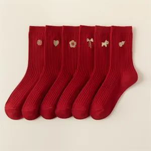 Red cotton mid-calf socks for women, 6 pairs set with cute gold embroidery, festive zodiac style.