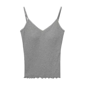 Women's V Neck Ribbed Ruffle Trim Open Back Cami Tank Top With Chest Pad Summer Casual Slim Fit Basic Vest