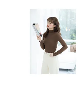 Women brown slim fit long sleeve turtleneck thermal top basic stretch ribbed underwear shirt