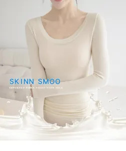 Ropa interior térmica mujer manga larga cuello redondo beige capa base invierno suave