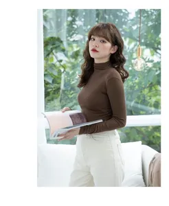 Womens ribbed mock neck thermal top in brown, long sleeve slim fit layering essential.