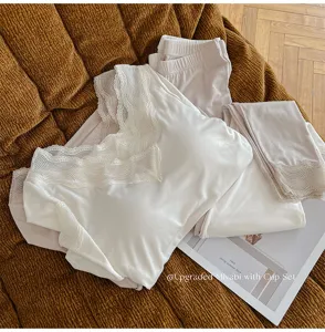 Women thermal underwear set lace V-neck built-in cup cozy autumn winter warm top and leggings.