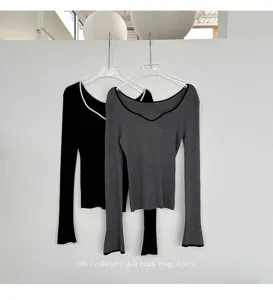 Classic silk cashmere gull neck long sleeve base shirt for women, elegant daily wear.