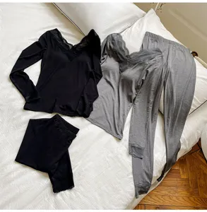 Details of women V-neck lace padded thermal underwear set, soft fabric, cozy winter home wear.