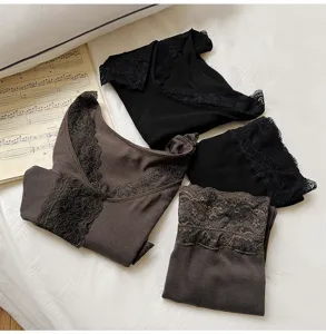 Seamless lace thermal underwear set for women, warm winter base layer in classic colors.