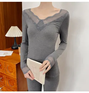 Women thermal underwear set grey V-neck lace long sleeve winter warm base layer top pants