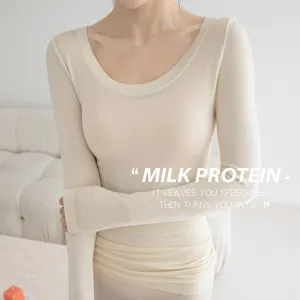 Ropa interior térmica mujer proteína de leche manga larga capa base top suave cálido invierno cuello u