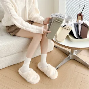 Women's autumn winter solid ribbed cotton mid-tube socks with packaging tags lifestyle