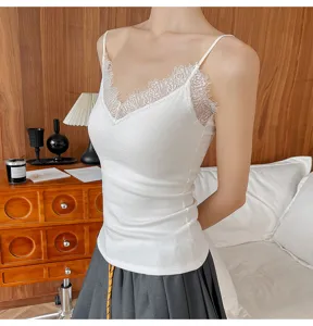 White ribbed camisole with delicate lace V-neck trim, soft fabric detail for women inner wear