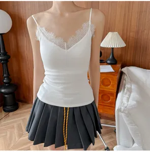 Detail view of women thermal lace camisole, cozy wool blend base layer with slim fit design.