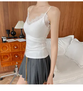 Women's white lace trim camisole V-neck slim fit thermal vest top for autumn winter wear