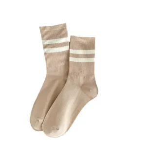 Casual women mid-tube socks with classic two white stripes khaki cotton knit hosiery