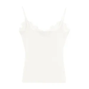 White lace camisole vest for women, featuring v-neck design and soft ribbed knit material.