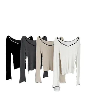 Women Autumn Winter Silk Cashmere Blend Long Sleeve T-Shirt Minimalist Color Block Scoop Gull Neck Slim Fit Base Layer