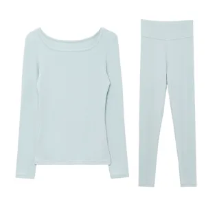 Women Thermal Underwear Square Neck Long Sleeve Top Bottom Wool Blend Thermal Set Winter Base Layer