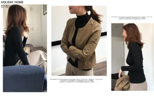 Detailed view of women's slim turtleneck base shirt paired with stylish leather jacket top.