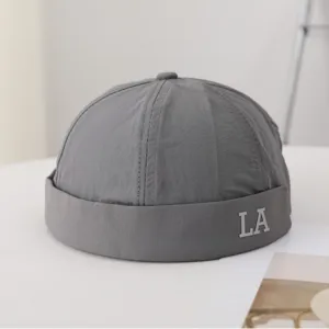 Grey brimless docker cap for men, streetwear style, quick-dry breathable summer sun protection hat.