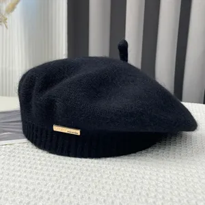 Black knit beret for women, autumn winter warm sweet painter hat with metal tag detail.