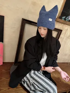 Gorro de punto con orejas de gato estilo coreano, sombrero de invierno cálido y elegante.