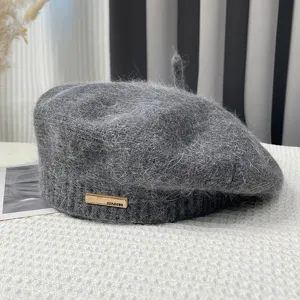 Japanese style winter fuzzy beret hat for women, sweet and cozy warm painter cap, gray.