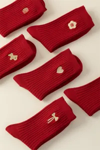 Red cotton socks with gold embroidery, winter festive thermal women socks, Chinese style zodiac socks.