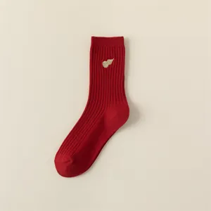 Red cotton women socks with exquisite gold gourd embroidery, comfortable ribbed knit design.